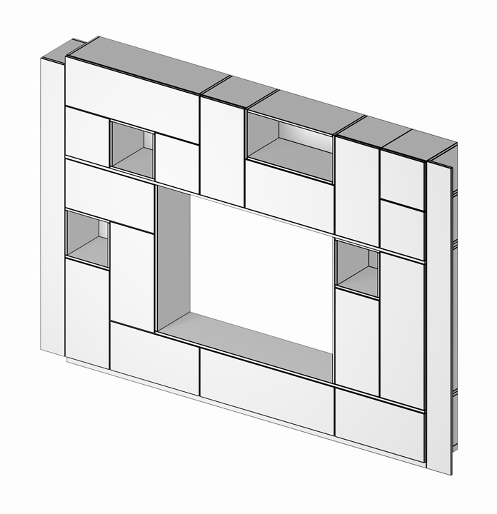 Render della soluzione d'arredo composta da mobili componibili per il soggiorno. La soluzione è composta da mobile tv, elementi libreria con sportelli e cassetti, scrivania e mensola. Dalla linea Quattrolati di Benigni Mobili. Soggiorno modulare.