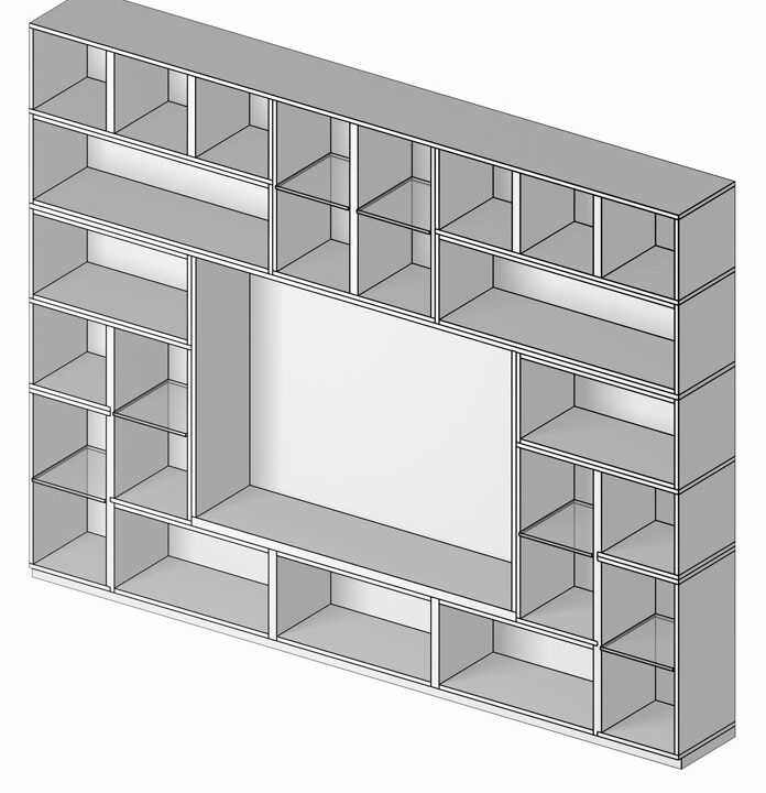 Render della soluzione d'arredo composta da mobili componibili per il soggiorno. La soluzione è composta da elementi libreria aperti e spazio centrale per la televisione. Soggiorno modulare Quattrolati di Benigni Mobili.