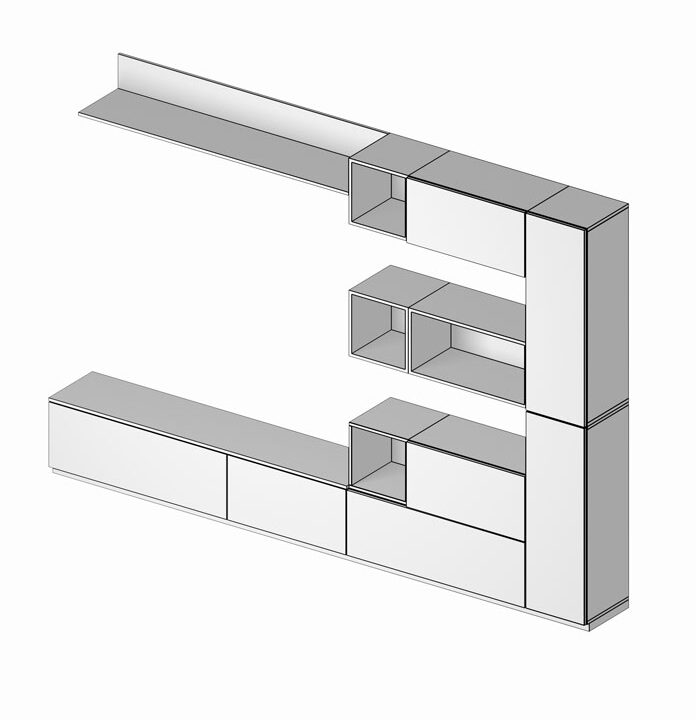 Render della soluzione d'arredo composta da mobili componibili per il soggiorno. La soluzione è composta da mobile tv, elementi libreria con sportelli ed elementi aperti. Soggiorno modulare Quattrolati di Benigni Mobili.