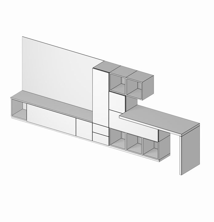 Render della soluzione d'arredo composta da mobili componibili per il soggiorno. La soluzione è composta da mobile tv, elementi libreria con sportelli ed elementi aperti. Soggiorno modulare Quattrolati di Benigni Mobili.