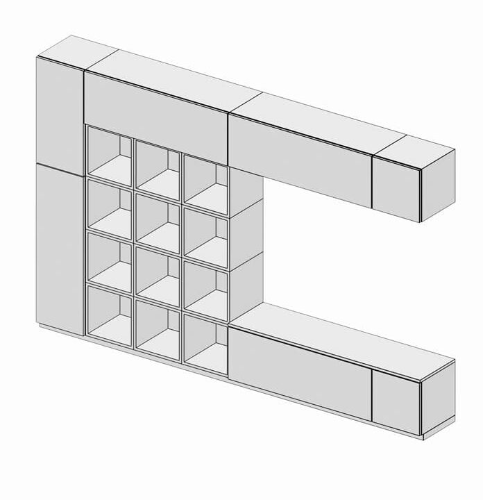 Render della soluzione d'arredo composta da mobili componibili per il soggiorno. La soluzione è composta da mobile tv, elementi libreria con sportelli ed elementi aperti. Soggiorno modulare Quattrolati di Benigni Mobili.